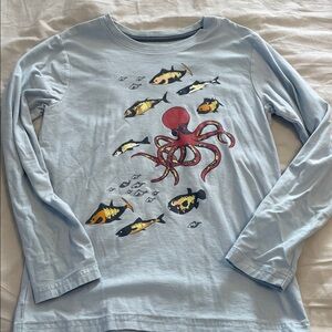 Tea Collection Light Blue Long Sleeve Tee with Red Octopus & Gold Fish Graphic